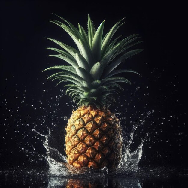 Ananas in Wasser spritzt auf schwarz