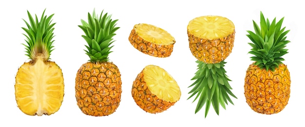 Ananas-Kollektion. Ganze und geschnittene Ananas isoliert auf weißem Hintergrund mit Beschneidungspfad