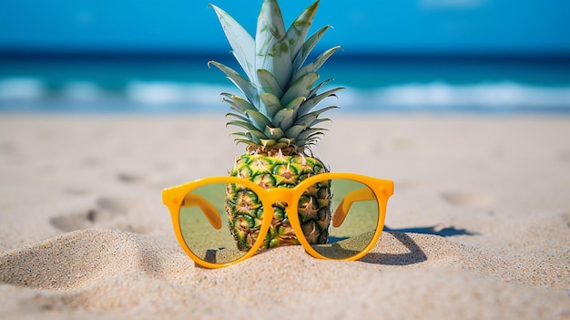 Foto ananas mit sonnenbrille im sand am strand