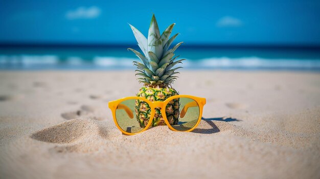 Ananas mit Sonnenbrille im Sand am Strand