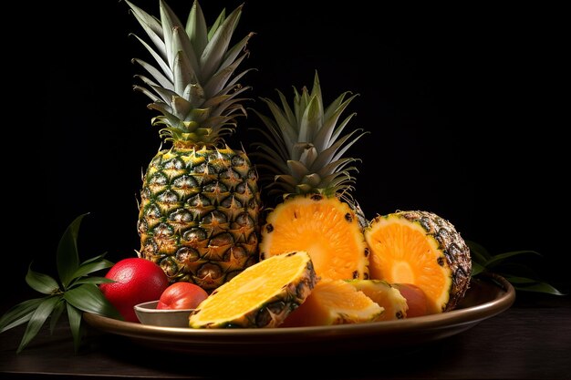 Ananás num prato de frutas tropicais