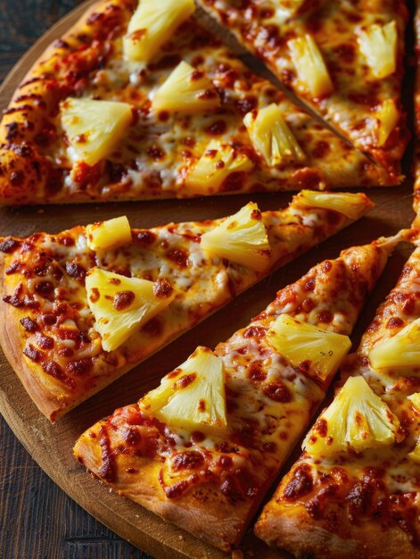 Ananas-Pizza mit Käse und Pepperoni-Pizza in vier Stücke geschnitten