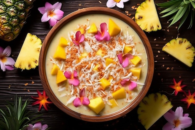 Ananas-Smoothie-Schüssel mit bunten Toppings