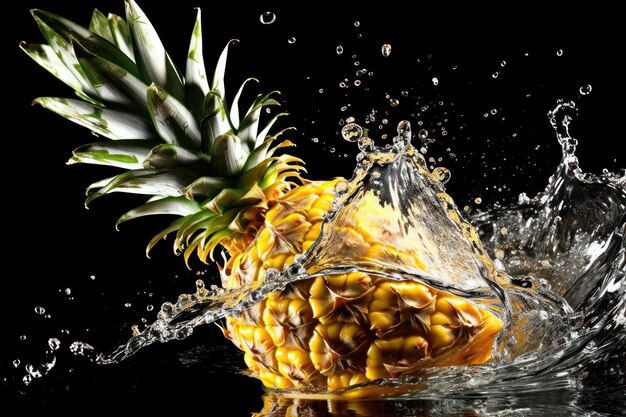 Ananas-Spritzwasser isoliert schwarzer Hintergrund