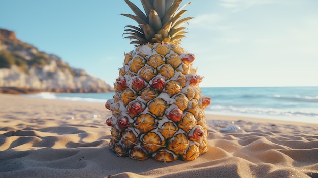 Ananas steht auf dem Sand am Strand