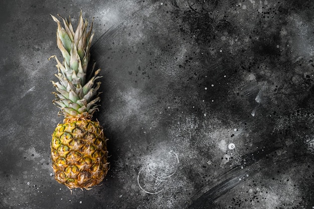 Ananas-Tropenfruchtsatz, auf schwarzem dunklem Steintischhintergrund, Draufsicht flach, mit Kopienraum für Text