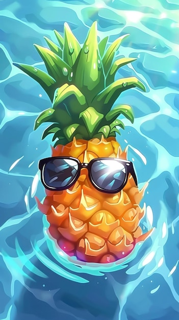 Foto ananás usando óculos de sol flutua em uma piscina adicionando um toque de diversão e vibrações de verão para o cenário