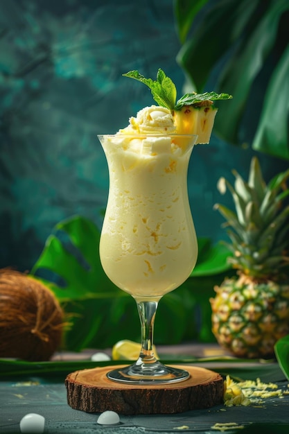 Ananas-Vanille-Eis-Dessert in einem hohen Glas, garniert mit Himbeeren