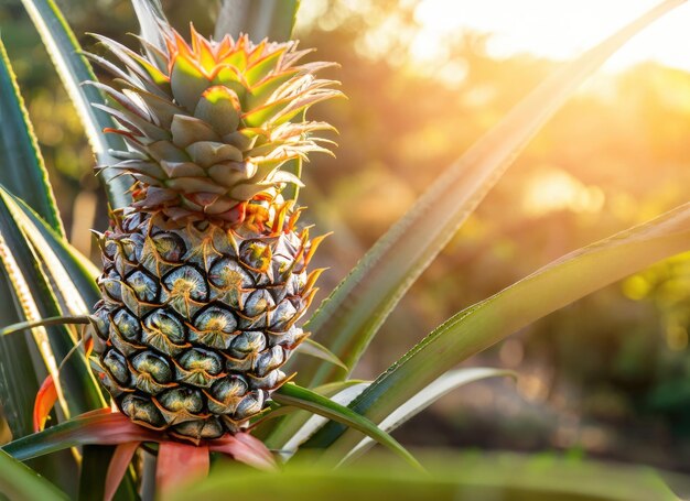 Ananas wächst auf einem Baum in der Ernte Garten auf ewiger Sonne Flare verschwommen Bokeh Hintergrund KI generiert