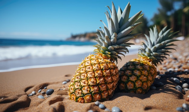 Ananasfrüchte am tropischen Sandstrand mit blauem Himmel und Meerwasser, blauem Ozeanhintergrund mit Kopierraum. Freizeit im Sommer und Urlaubskonzept