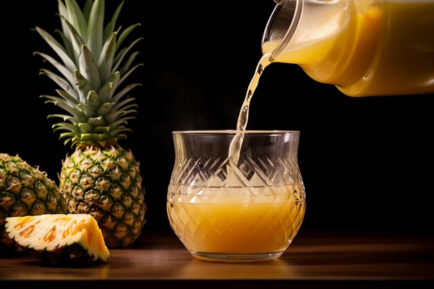 Foto ananassaft wird mit einer scheibe kiwano in ein glas gegossen