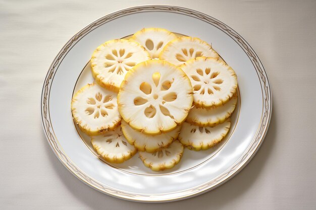 Ananasstücke, die in einem dekorativen Muster auf einem weißen Teller angeordnet sind