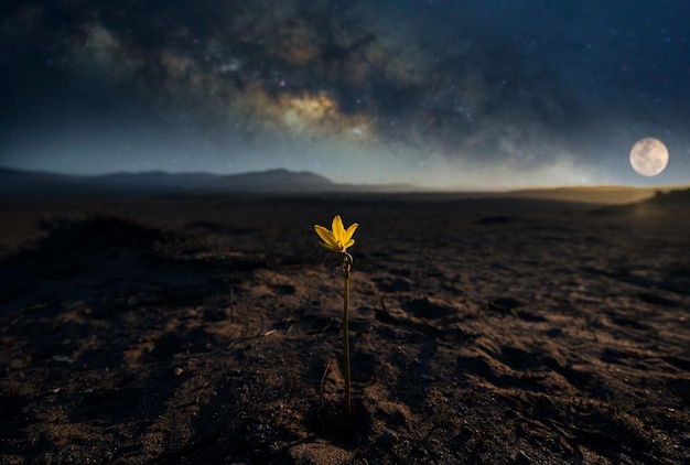 Ananuca silvestre flor que crece en el desierto de Atacama con antecedentes de la Vía Láctea