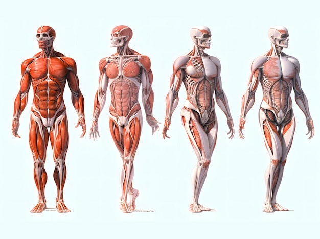 Anatomía conceptual del hombre humano 3D o anatómica y muscular aislada sobre fondo azul claro