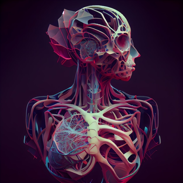 Anatomía del corazón humano Ilustración 3D del cuerpo humano con sistema circulatorio