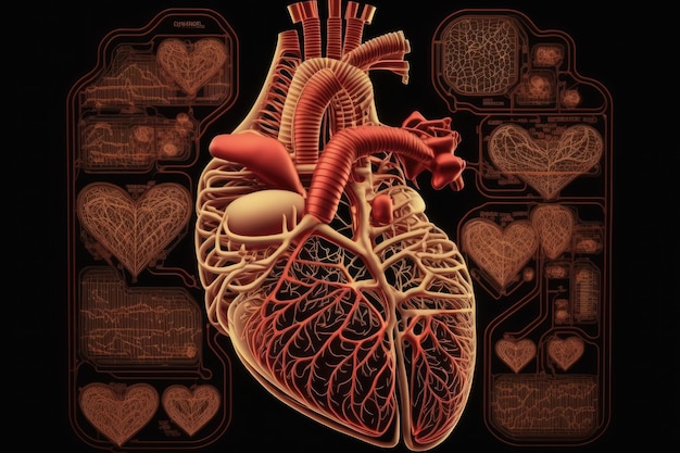 Anatomía del corazón humano sobre un diagrama del código genético