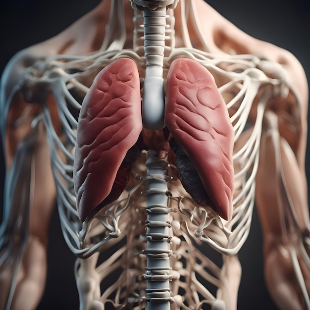 Anatomía del cuerpo humano con pulmones resaltados en fondo oscuro renderización 3D