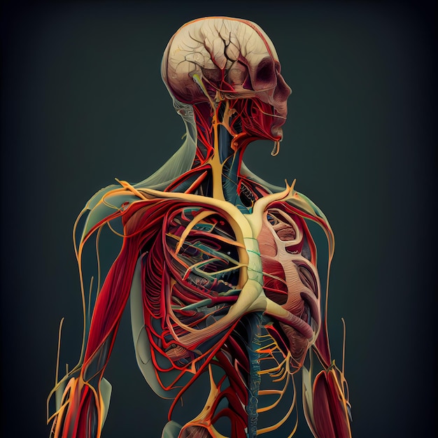 Anatomía del cuerpo humano con sistema circulatorio de pulmones y sistema cardiovascular sobre fondo gris