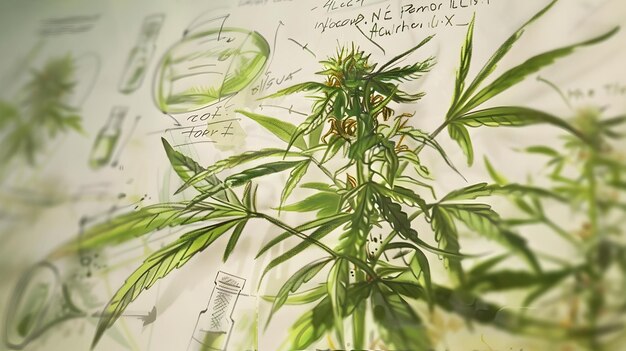 Foto anatomia da planta de cannabis componentes medicinais revelados em desenhos de laboratório