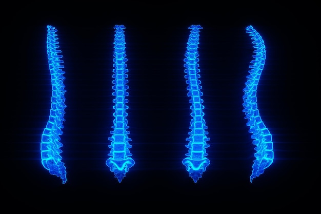 Anatomia de pôster médico da coluna vertebral humana, a imagem do holograma de ossos. artrite, inflamação, saúde ortopédica, fratura, cartilagem, . copie o espaço, ilustração 3d, renderização 3d.