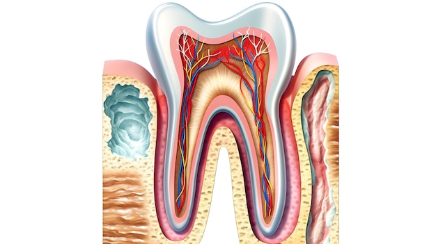 Foto anatomía del diente dental sección transversal del diente humano con infografía