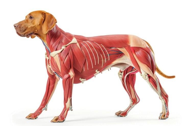 Foto anatomia do cão mostrando corpo e cabeça face com sistema muscular visível isolado em fundo branco sólido
