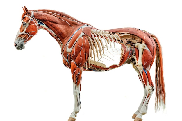 Anatomia do cavalo mostrando o corpo e a cabeça com o sistema muscular visível isolado em fundo branco