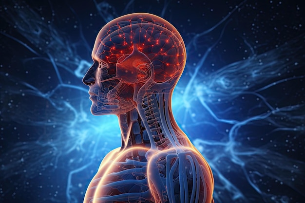 Anatomia do cérebro humano Ilustração 3D Conceito médico Anatomia da dor cerebral masculina com dor em todas as articulações no holograma 3d azul AI gerado