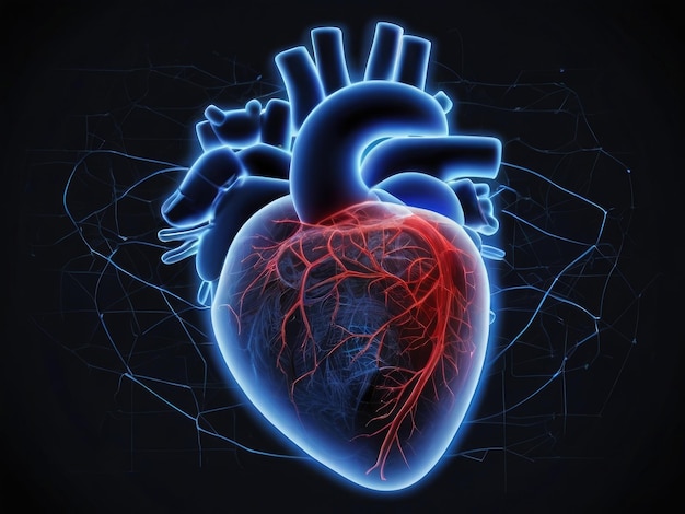 Anatomia do coração humano em fundo azul Ilustração 3D do coração humano