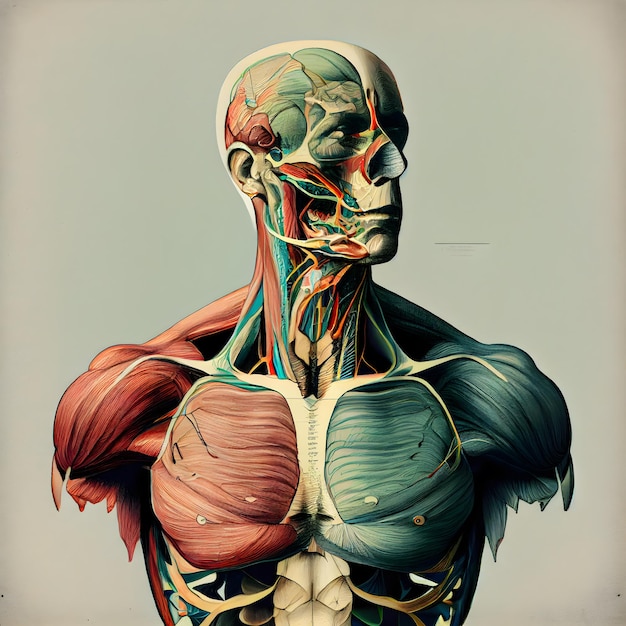 Anatomia do corpo humano com renderização 3D do esqueleto e do sistema muscular