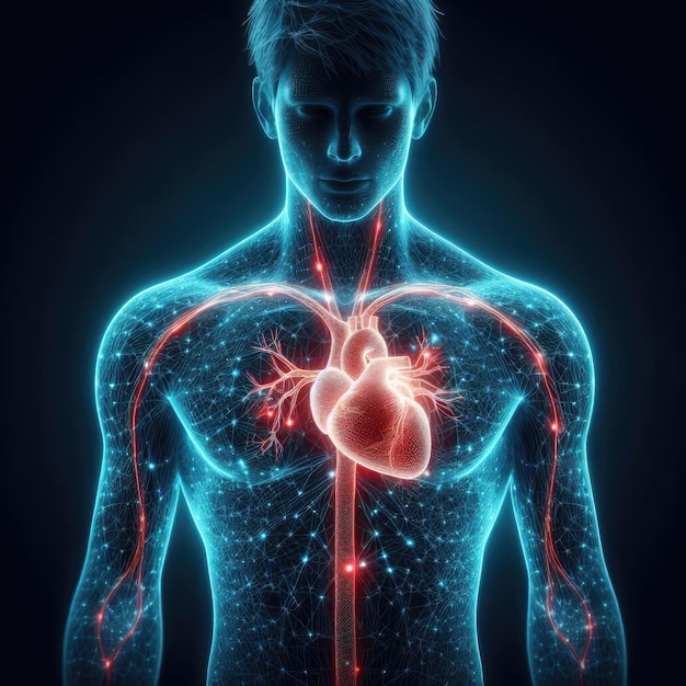 Anatomia do corpo masculino com coração e sistema circulatório destacados em fundo escuro