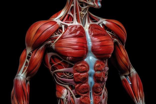 Anatomia dos músculos humanos com fundo preto Renderização 3D Modelo de fitness com abdômen em pé seção superior cortada vista frontal músculos detalhados gerados por IA