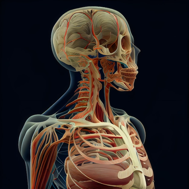 Anatomía del esqueleto humano con músculos y sistema circulatorio ilustración 3D