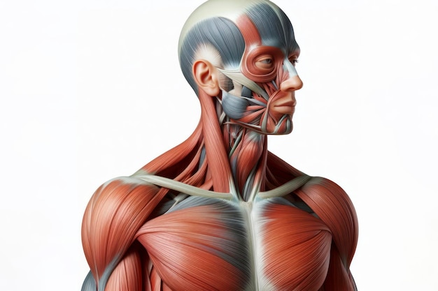 Anatomía humana que muestra el cuerpo y la cara de la cabeza con el sistema muscular visible sobre fondo blanco sólido ai generativo.