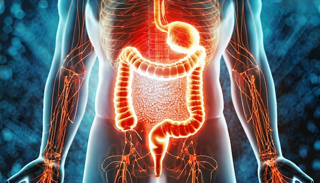 Anatomia masculina do sistema intestinal em humanos conceito de renderização 3D e rede de tecnologia médica