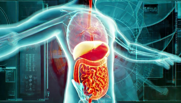 Anatomía masculina del sistema intestinal humano concepto de renderización 3D y red de tecnología médica