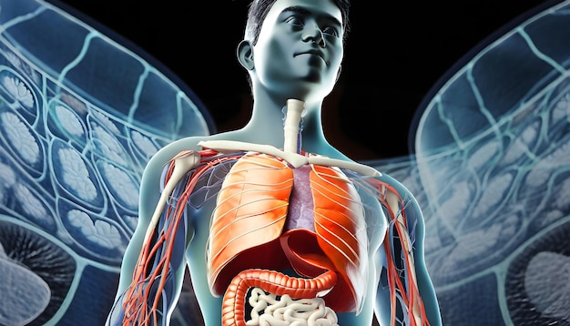 Foto anatomía masculina del sistema pulmonar humano concepto de renderización 3d y red de tecnología médica