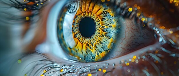 Foto anatomía de un ojo humano de primer plano que muestra las pestañas del iris y el nervio óptico con terminología médica concepto de superposición de texto anatomía humana del ojo de primer plano del iris de primer plano