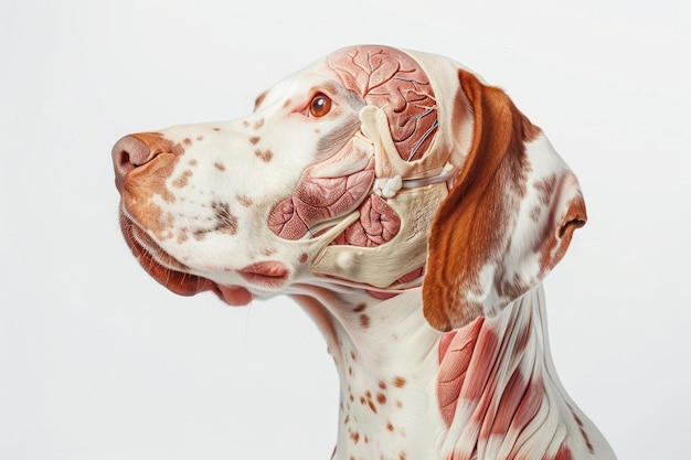 Foto anatomía del perro que muestra el cuerpo y la cara de la cabeza con el sistema muscular visible aislado en un fondo blanco sólido
