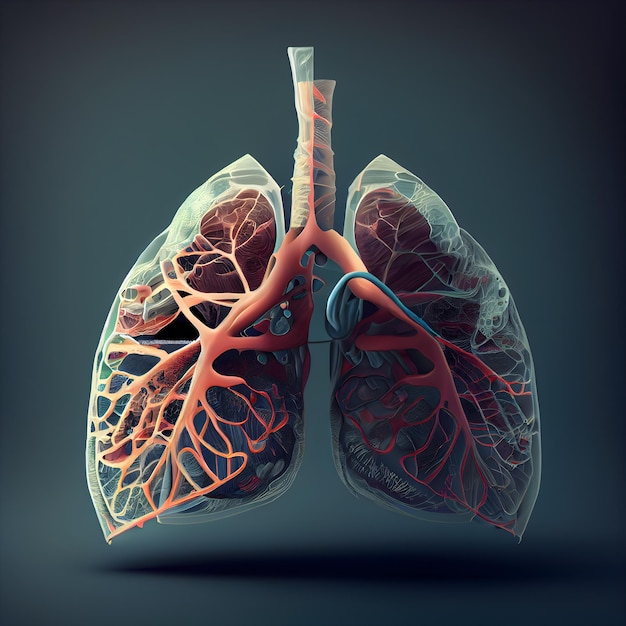 Anatomia pulmonar em ilustração 3D de fundo escuro renderização em 3D