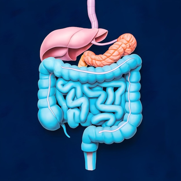 Anatomía del sistema digestivo humano en un fondo de color azul