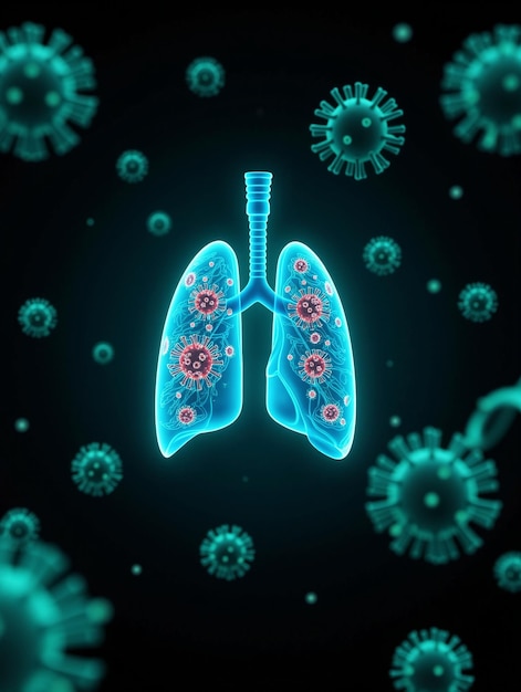 Anatomía del sistema respiratorio humano Pulmones transparentes y tráquea con muchos detalles en fondo azul