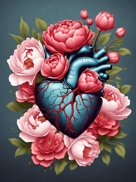 Anatomisches Herz mit Pfingstrosenblüten-Vektorillustration