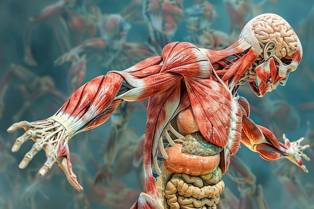 Foto anatomisches modell, das muskel- und organsysteme zu pädagogischen zwecken auf durchsichtigem bildschirm anzeigt