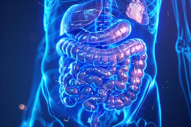 Foto anatomy of the human digestive system on a background of blue generative ai