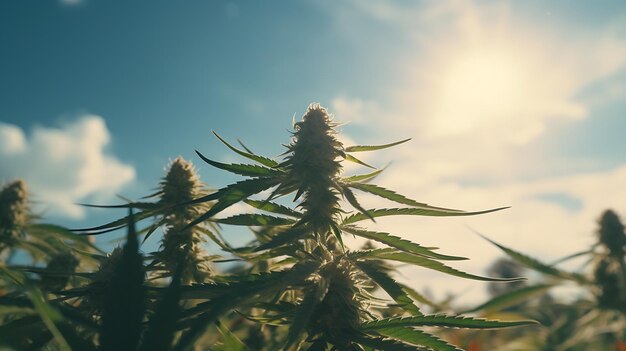 Anbau von Marihuana-Cannabispflanzen in natürlichem Sonnenlicht auf dem Bauernhof