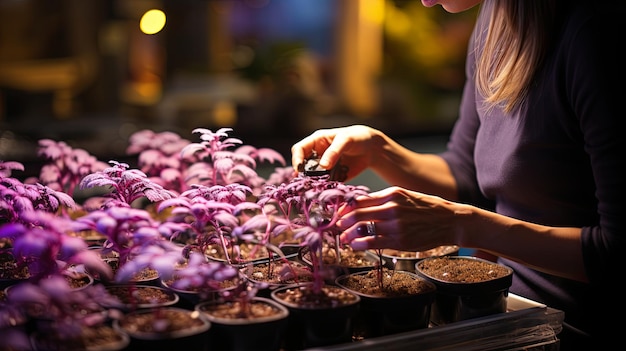 Anbaupflanzen in Innenräumen unter einem vollen Spektrum von LED-Anbaulicht Anbau von Pflanzenpflanzen von Grünen und Tomaten zu Hause unter dem ultravioletten Licht von Anbaulichtern Generative KI