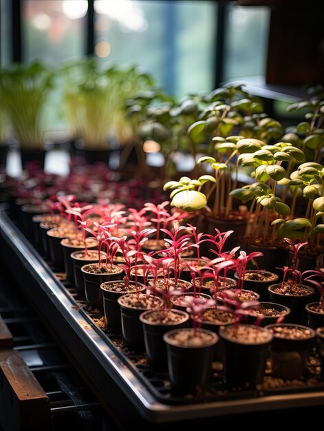 Anbaupflanzen in Innenräumen unter einem vollen Spektrum von LED-Anbaulicht Anbau von Pflanzenpflanzen von Grünen und Tomaten zu Hause unter dem ultravioletten Licht von Anbaulichtern Generative KI