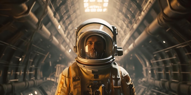 Anblick eines Astronauten in Kostüm, ein riesiges verlassenes Luxus-Raumschiff im Hintergrund