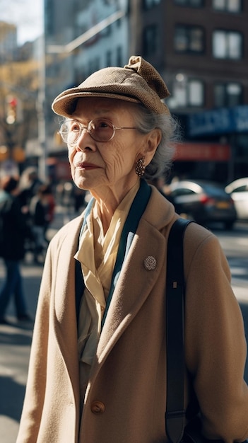 Una anciana con un abrigo beige y un sombrero se encuentra en una calle de tokio